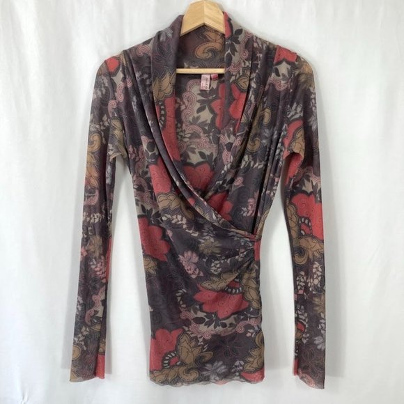 Sweet Pea Tops - Sweet Pea By Staci Frati Mesh Draped Front Long Sleeve Shirt Blouse Med
